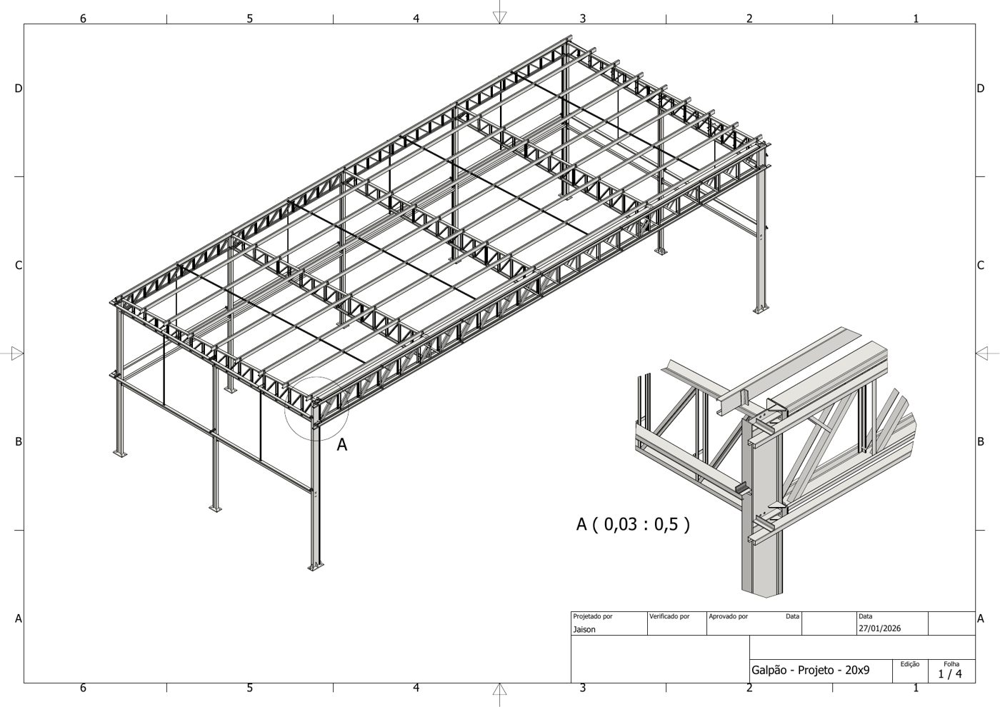 Prancha do projeto de galpão metálico de 20 x 9 m